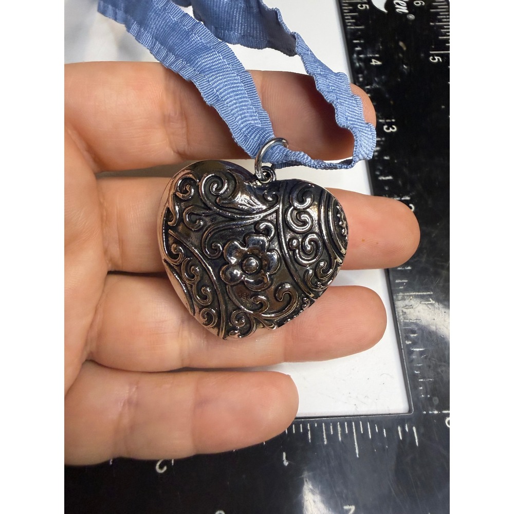 Antique Silver Tone Floral Heart Pendant Blue Ribbon Necklace Victorian Style